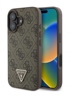 Guess PU 4G Strass Triangle Metal Logo Zadní Kryt pro iPhone 16 Brown
