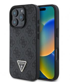 Guess PU 4G Strass Triangle Metal Logo Zadní Kryt pro iPhone 16 Pro Black