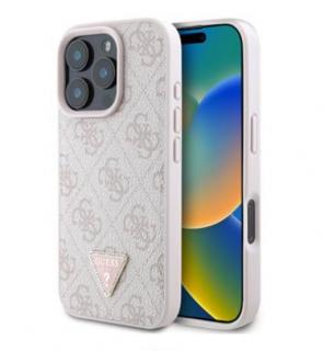 Guess PU 4G Strass Triangle Metal Logo Zadní Kryt pro iPhone 16 Pro Pink