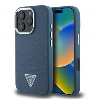 Guess PU Grained Triangle Logo Zadní Kryt pro iPhone 16 Pro Blue