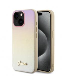 Guess PU Leather Iridescent Metal Script Zadní Kryt pro iPhone 15 Gold