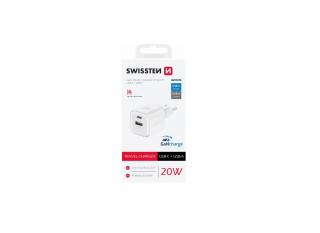 Nabíječka do sítě Swissten GAN 1x USB-C 20W PD + 1x USB-A 18W QC, bílá