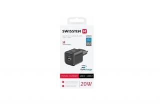 Nabíječka do sítě Swissten GAN 1x USB-C 20W PD + 1x USB-A 18W QC, černá