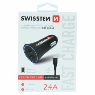 Swissten autonabíječka 2,4A, 2x USB s lighting kabelem