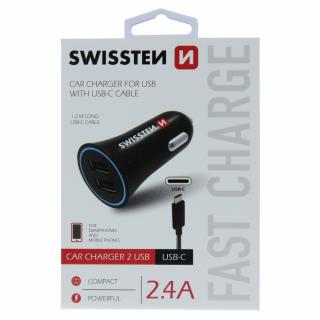 Swissten autonabíječka 2,4A, 2x USB s USB-C kabelem