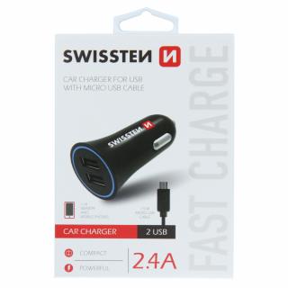 Swissten autonabíječka USB, 2,4 A, 2x USB s micro USB kabelem
