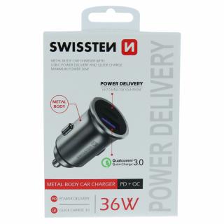 Swissten autonabíječka USB-C + Quick charge 36W - stříbrný