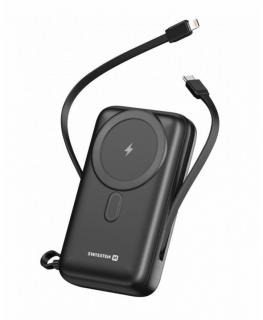 Swissten Powerbanka PD 22,5W 10000 mAh, MagSafe s integrovanými kabely USB-C a Lightning - černá