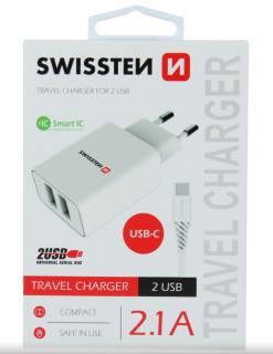 SWISSTEN SÍŤOVÝ ADAPTÉR SMART IC 2x USB 2,1A POWER + DATOVÝ KABEL USB C 1,2m BÍLÝ