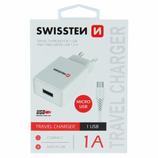 Swissten síťový adaptér 1xUSB, 1A + Datový kabel USB/Micro USB 1,2m - bílý