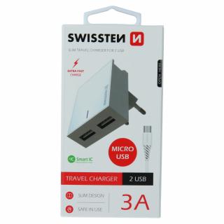 Swissten síťový adaptér 2xUSB, 3A + Datový kabel USB/Micro USB 1,2m - bílý