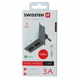 Swissten síťový adaptér 2xUSB, 3A + Datový kabel USB/Type USB-C 1,2m - bílý