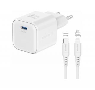 Swissten síťový adaptér gan 1x usb-c 20w power delivery bílý + datový kabel usb-c/lightning 1,2 m -