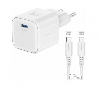 Swissten síťový adaptér gan 1x usb-c 20w power delivery bílý + datový kabel usb-c/usb-c 1,2 m - bílý