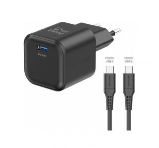 Swissten síťový adaptér gan 1x usb-c 20w power delivery černý + datový kabel usb-c/usb-c 1,2 m - čer