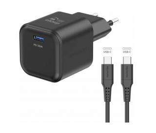 Swissten síťový adaptér gan 1x usb-c 35w power delivery černý + datový kabel usb-c/usb-c 1,2 m - čer