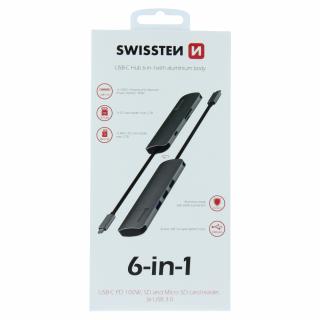 Swissten USB-C HUB 6-IN-1 (USB-C PD, 3X USB 3.0, SD, MICRO SD) - hliník