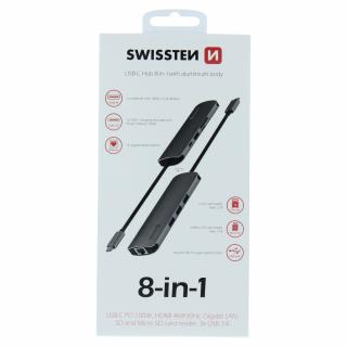 Swissten USB-C HUB 8-IN-1 (USB-C PD, HDMI 4K, LAN RJ45, 3x USB 3.0, SD, MICRO SD) - hliník