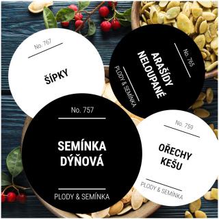 etikety na potraviny kulaté PLODY &amp; SEMÍNKA (12 ks)