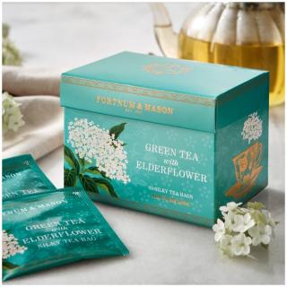 FORTNUM &amp; MASON zelený čaj S BEZOVÝM KVĚTEM 15 hedvábných pyramid