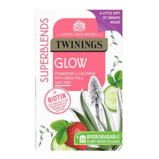 TWININGS - čaj SUPERBLENDS GLOW se zeleným čajem, jahodou, okurkou a aloe vera (20 sáčků/40g) + DÁREK