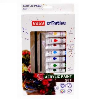 Akrylové barvy Easy Creative, 12ks, 2 štětce, paleta