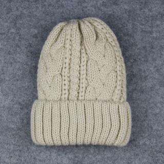 Béžová zimní pletená zateplená čepice bez bambule nebo s bambulí A1/1 (Dámská / pánská vlněná unisex teplá čepice s teplou podšívkou)