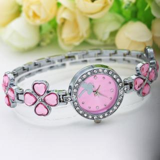 Dámské hodinky se čtyřlístky a krystaly růžové (Hodinky s kamínky čtyřlístek)