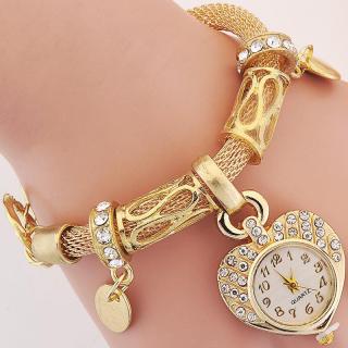 Náramek s hodinkami a krystaly zlatý (Romantický náramek s hodinkami ve tvaru srdce )