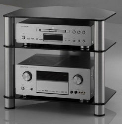 Hifi stolek RX 2130 (čiré sklo / stříbrné nohy) (Krásný Hifi stoleki pro audio video komponenty s 3 tvrzenými skly a hladkými leštěnými okraj. )