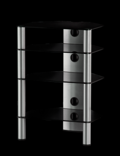 Hifi stolek RX 2140 (černé sklo / stříbrné nohy) (Krásný Hifi stoleki pro audio video komponenty se 4 tvrzenými skly a hladkými leštěnými okraj. )