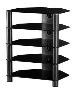 Hifi stolek RX 2150 (černé sklo / černé nohy) (Krásný Hifi stoleki pro audio video komponenty s 5 tvrzenými skly a hladkými leštěnými okraj. )