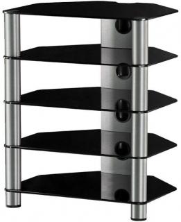Hifi stolek RX 2150 (černé sklo / stříbrné nohy) (Krásný Hifi stoleki pro audio video komponenty s 5 tvrzenými skly a hladkými leštěnými okraj. )