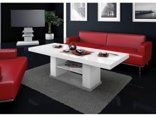 Konferenční stolek ALTEMA (bílý) (Luxusní konferenční stolek vyrobený z kvalitní MDF v nejvyšším lesku na trhu. Materiál je odolný proti škrábancům a vlhkosti. Stolek je výškově a šířkově stavitelný. Délka 120-170cm.)