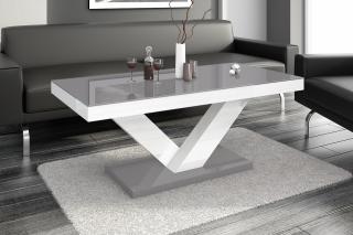 Konferenční stolek VAXO (šedobílý lesk) (Luxusní konferenční stolek vyrobený z kvalitní MDF v nejvyšším lesku na trhu. Materiál je odolný proti škrábancům a vlhkosti. Délka 120cm.)