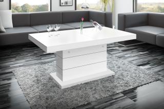 Rozkládací konferenční stolek ALTEMA LUXURY (bílý mat + bílý lesk) (Luxusní konferenční stolek vyrobený z kvalitní MDF v matu a v nejvyšším lesku na trhu. Materiál je odolný proti škrábancům a vlhkosti. Stolek je výškově a šířkově stavitelný. Délka 120-17