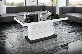 Rozkládací konferenční stolek ALTEMA LUXURY (černý lesk + bílý lesk) (Luxusní konferenční stolek vyrobený z kvalitní MDF v nejvyšším lesku na trhu. Materiál je odolný proti škrábancům a vlhkosti. Stolek je výškově a šířkově stavitelný. Délka 120-170cm.)