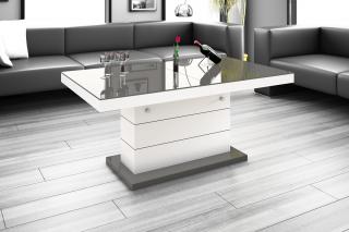 Rozkládací konferenční stolek ALTEMA LUXURY (šedý lesk + bílý lesk) (Luxusní konferenční stolek vyrobený z kvalitní MDF v nejvyšším lesku na trhu. Materiál je odolný proti škrábancům a vlhkosti. Stolek je výškově a šířkově stavitelný. Délka 120-170cm.)