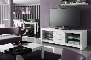 TV stolek ANADORA (bílý lesk) (Luxusní TV stolek pro televize do 65  s LED podsvícením, šuplíky a policemi)