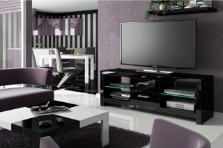 TV stolek ANADORA (černý lesk) (Luxusní TV stolek pro televize do 65  s LED podsvícením, šuplíky a policemi)