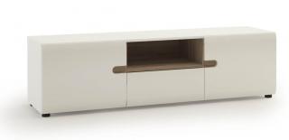 TV stolek LANETI 50 (bílý lesk) (Moderní televizní stolek v krásném bílém lesku + dekorativními prvky dub trufl. TV stolek má samodovírací mechanizmus dvířek a šuplíku. Stolek je určený pro televize do 40kg)