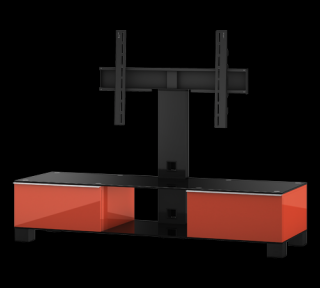 TV stolek MD 8140 (červená-černé sklo-černý kov) (Luxusní televizní stolek v kombinaci (sklo, kov, dřevo) pro televize do 60  se zatížením do 80kg)