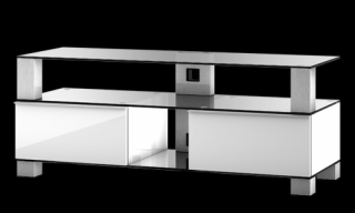 TV stolek MD 9120 (bílá-čiré sklo-nerez kov) (Luxusní televizní stolek v kombinaci (sklo, kov, dřevo) pro televize do 60  se zatížením do 80kg)