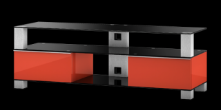 TV stolek MD9140 (červená-černé sklo-nerez kov) (Luxusní televizní stolek v kombinaci (sklo, kov, dřevo) pro televize do 60  se zatížením do 80kg)