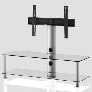 TV stolek NEO 130 (čiré sklo-stříbrné nohy) (Pěkný, vzdušný TV stolek v kombinaci sklo / kov, určený pro televize do 55  a váhy TV na držáku 40kg )
