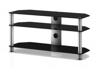 TV stolek NEO 2110 (černé sklo-stříbrné nohy) (Pěkný, vzdušný TV stolek v kombinaci sklo / kov, určený pro televize do 50  a váhy 50 a další AV komponenty)