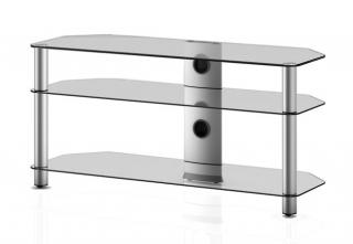 TV stolek NEO 3110 (čiré sklo-stříbrné nohy) (Pěkný, vzdušný TV stolek v kombinaci sklo / kov, určený pro televize do 50  a váhy 50 a další AV komponenty)