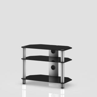 TV stolek NEO 370 (černé sklo-stříbrné nohy) (Pěkný, vzdušný TV stolek v kombinaci sklo / kov, určený pro televize do 37  a váhy 50kg a další AV komponenty)