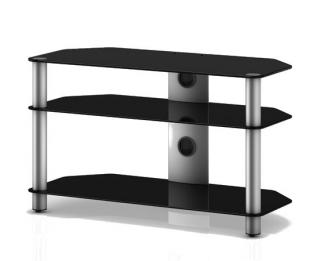TV stolek NEO 390 (černé sklo-stříbrné nohy) (Pěkný, vzdušný TV stolek v kombinaci sklo / kov, určený pro televize do 42  a váhy 50 a další AV komponenty)