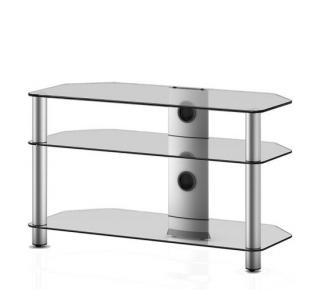 TV stolek NEO 390 (čiré sklo-stříbrné nohy) (Pěkný, vzdušný TV stolek v kombinaci sklo / kov, určený pro televize do 42  a váhy 50 a další AV komponenty)